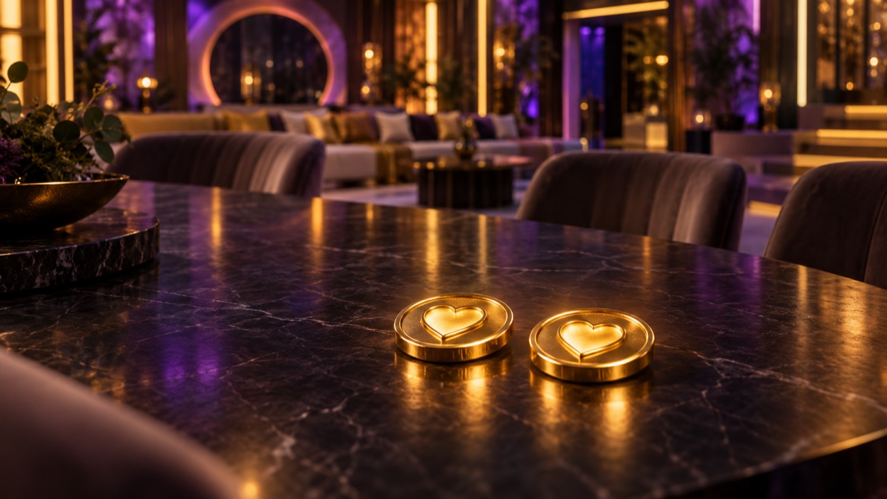 Two glowing life tokens on a table in an illustrated reality-show house